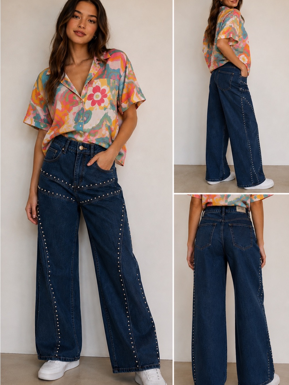LA Girl Dark Blue Studded Wide-Leg Jeans
